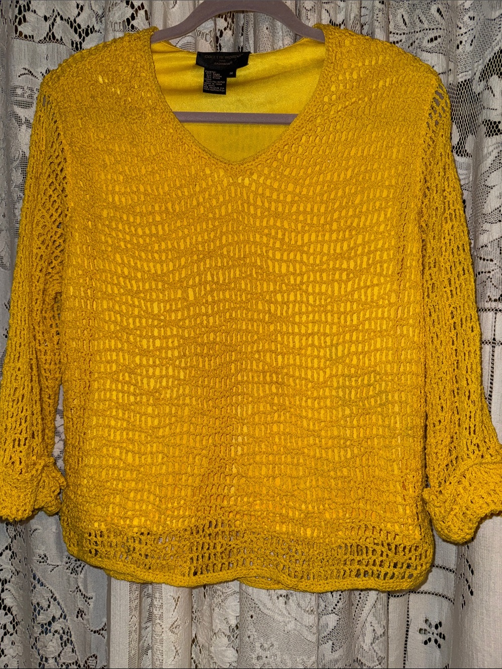 Women’s Yellow Open-Knit Scoop Neck Sweater